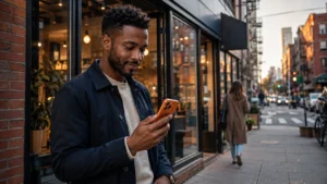 Small business customer using a smartphone outside a local New York storefront