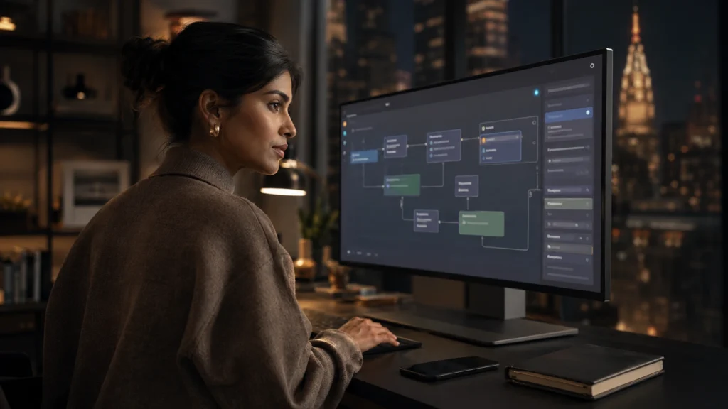 Business owner reviewing an AI automation workflow on a desktop screen in a New York office