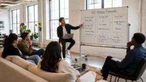 SEO strategist explaining a search optimization framework on a whiteboard